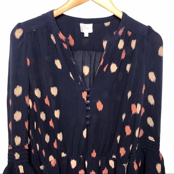 Parker Silk Dress Navy Dot Print Size Small Bell Sleeve - Picture 2 of 10